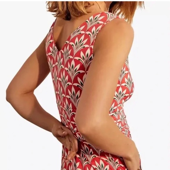 Boden Effie Red Orange Palm Print Faux Wrap Ruched Jersey Knit Dress - 6 - Picture 3 of 16